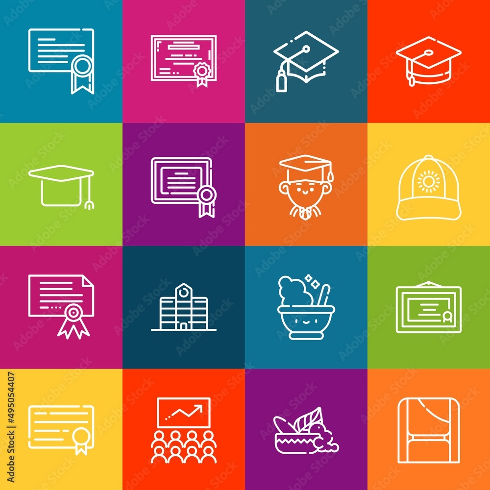 Poster modern thin line icons set of graduate elements. premium quality outline symbol collection. simple m