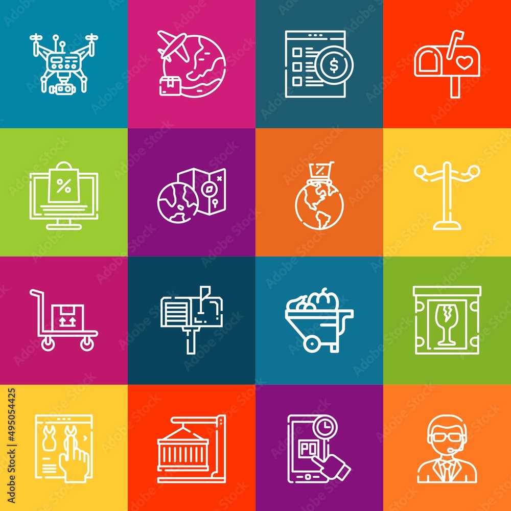 Poster modern thin line icons set of deliver elements. premium quality outline symbol collection. simple mo