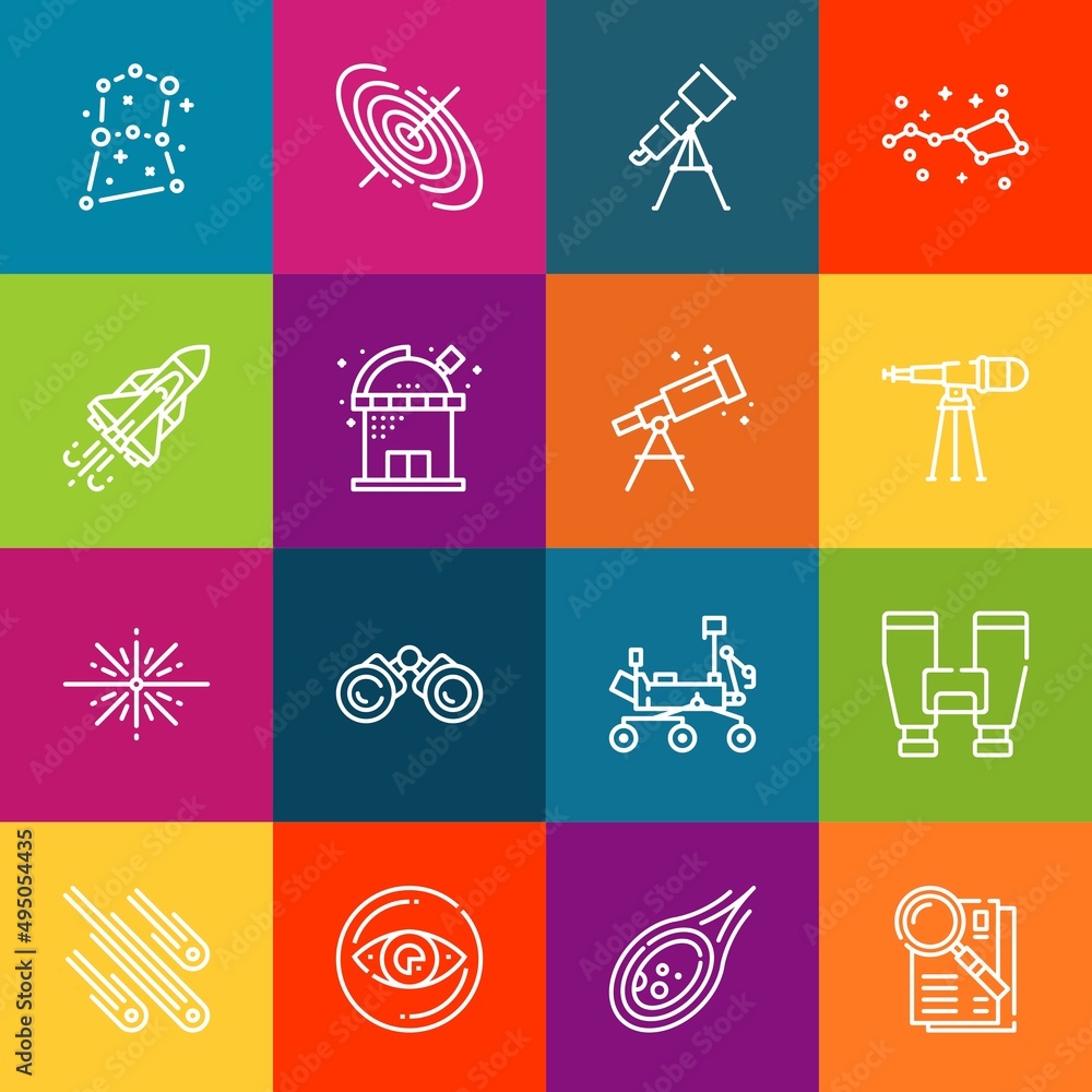 Poster modern thin line icons set of telescope elements. premium quality outline symbol collection. simple 