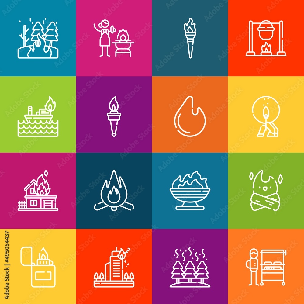 Poster modern thin line icons set of flammable elements. premium quality outline symbol collection. simple 