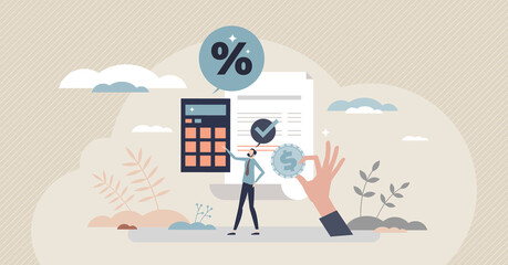 Income tax calculation and financial VAT money refund tiny person concept. Government payment calculation after accounting annual budget analysis vector illustration. Personal paperwork management. - obrazy, fototapety, plakaty