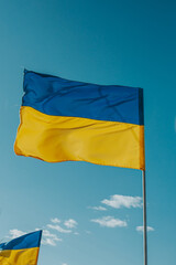 The flag of independent Ukraine develops against the background of the blue sky.