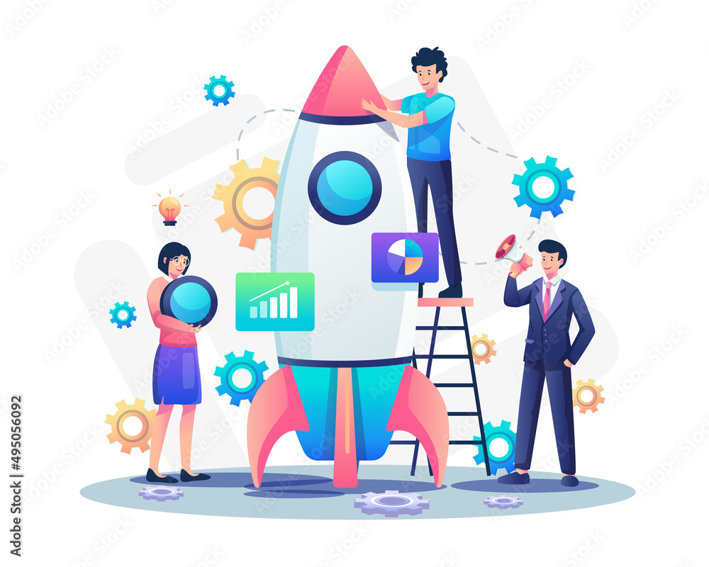 Aufkleber people are working together to build a rocket. startup project development team. start your business