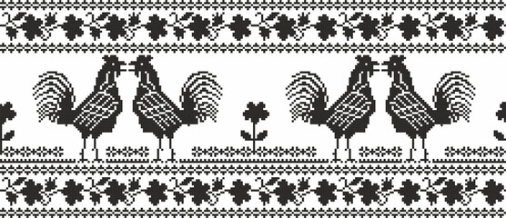 Fototapeta na wymiar Vector monochrome seamless Ukrainian national ornament flowers and roosters. Ethnic endless pattern, border, frame of Slavic peoples, Russian, Belarusian, Serb, Bulgarian, Pole. Cross-stitch. 