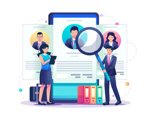 Fototapeta premium Online recruitment concept with a businessman holds a big magnifier searching for new candidate employees from job seekers on a smartphone screen. Flat style vector illustration