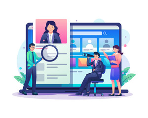 Obraz na płótnie Canvas Online recruitment process concept. Business people looking for the best candidate employees, job seekers on a computer screen. Flat style vector illustration