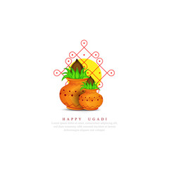 Happy Ugadi Greeting Card Background With Kalash.