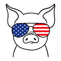 Cute Pig Line Art. Piglet with aviator glasses with USA Flag print. 4th of july. Pig sketch vector illustration. Good for posters, t shirts, postcards.