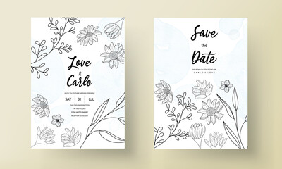 Fototapeta na wymiar Elegant minimal hand drawn floral wedding invitation template