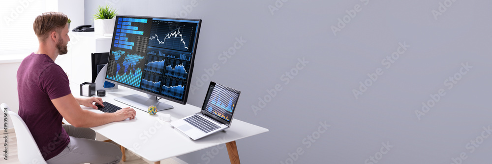 Poster Businessman Analyzing Graph On Computer