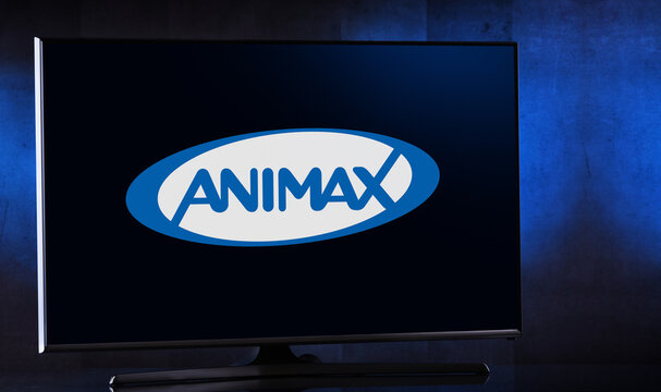 Flat-screen TV set displaying logo of Animax