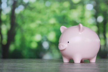 Piggy bank on table with bokeh nature background. Copy space. Financial planning, saving money.