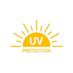 Yellow sun with inscription uv protection icon, sunblock from sunshine and solar burn. Circle full sun and sunlight. Hot solar energy for tan. Vector sign