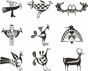 Vector monochrome set of symbols of the Indians of Central, South and North America. Native American patterns, birds.
