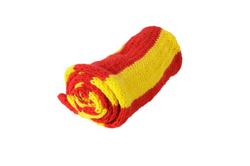 rolled red-yellow striped wool scarf isolated on white background