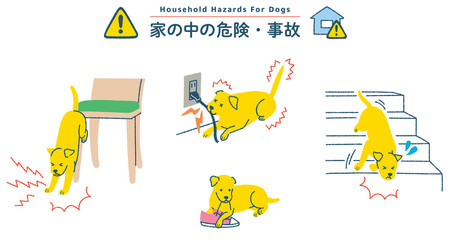 犬のイラストセット　家の中の危険・事故