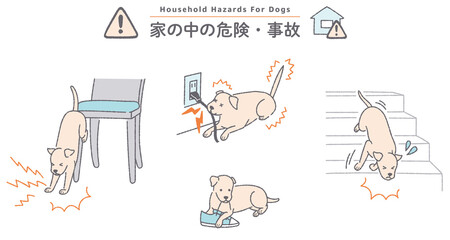 犬のイラストセット　家の中の危険・事故