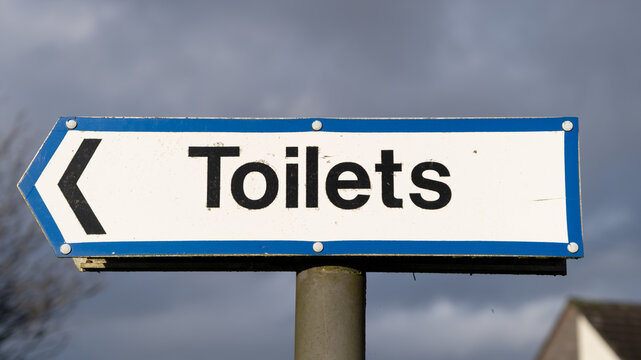 Blue and white toilets direction sign against a blue sky