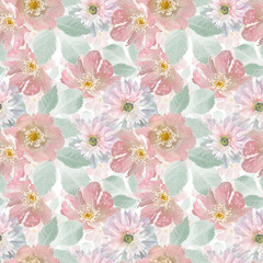 Seamless retro floral pattern with watercolor effect. Soft pink flowers on a light background.