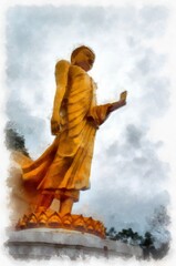 The landscape of the golden standing Buddha statue watercolor style illustration impressionist painting.