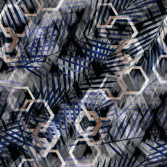 Seamless tropical pattern with palm leaves and gold chains on a gray, blue background.