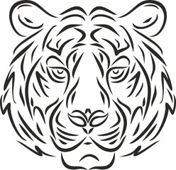 Vector monochrome muzzle of a tiger. Striped cat, face, eyes, nose, ears. Drawn with strokes.
