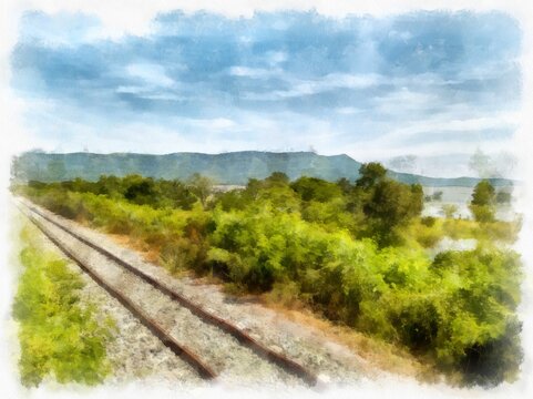 Route landscape in Thailand watercolor style illustration impressionist painting.