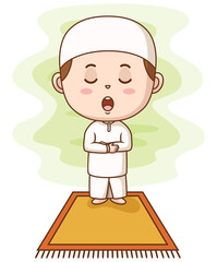 Little muslim boy praying on the rug. Vector illustration