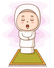 Little muslim girl praying on the rug. Vector illustration