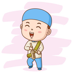 Happy muslim boy playing a traditional music. Vector illustration