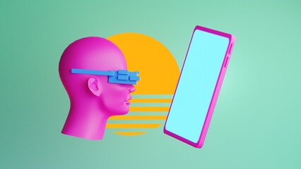 metaverse vr simulation gaming cyberpunk style, digital robot, 3d illustration rendering, virtual reality