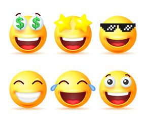 Set of smiling yellow emoji isolated on white background.