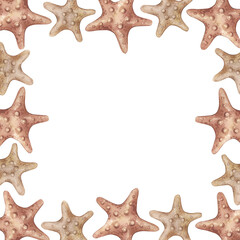 Watercolor square frame with vintage red starfishes isolated on white background. Marine collection.