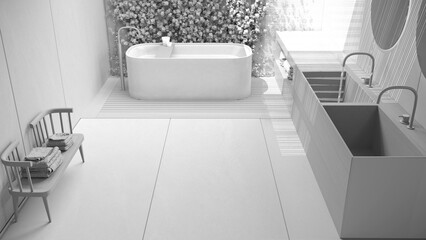 Naklejka na ściany i meble Total white project draft, minimalist bathroom, japanese zen style, exterior eco garden with ivy, wooden floor. Bathtub and washbasin, top view, above. Interior design concept idea