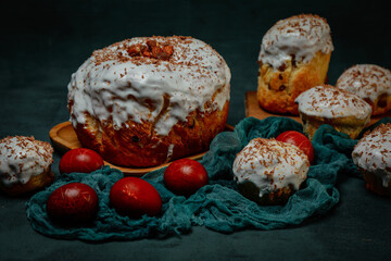 Easter cake and eggs for the religious holiday of Easter