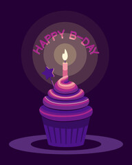 cute happy birthday card with cake and candle. vector illustration