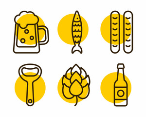 beer mug and bottle icon, fish, hop, sausage, bottle opener thin line for web and mobile, modern minimalist flat design.