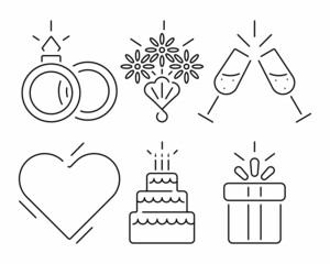 Set of wedding linear icons. Engagement ceremony of a man and a woman. Thin line customizable illustration. Outline symbol. Vector isolated outline drawing.