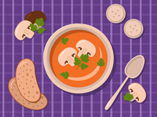 Mushroom soup puree with parsley on a plate. Cutlery, mushrooms, salt and pepper on a purple checkered background.