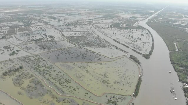 Aerial view of Mekong River delta region in Ha Tien, Vietnam, scenic river branches and water canals flooding on the rice fields