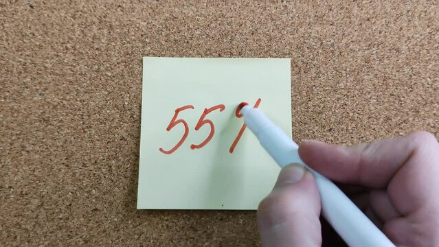 Handwritten inscription "55%" on a yellow paper sticker. Writing with a red felt-tip pen. A woman's hand with a colored marker close-up. Sticker on a cork board