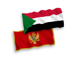 National vector fabric wave flags of Montenegro and Sudan isolated on white background. 1 to 2 proportion.