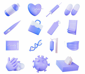 3D Render Of Medical Icon Set On White Background.