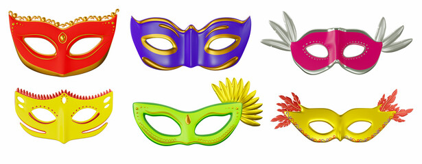 Realistic Colorful Masquerade Icon Set On White Background.