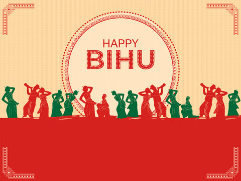 Happy Bihu Celebration Background With Silhouette Assamese People Performing Dance And Music Instruments.
