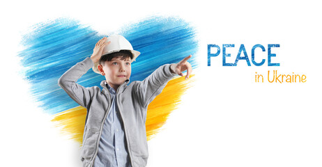 Stop war and peace for Ukraine Concept. Child with protective helmet looks to the future points...