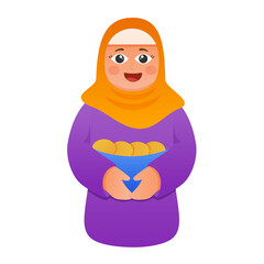 Islamic Young Woman Holding Bowl Of Food (Pooris) On White Background.