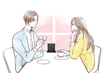 カフェで談笑するカップル