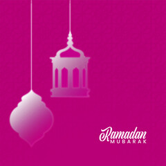 Ramadan Mubarak Font With Glossy Lanterns Hang On Pink Mandala Or Islamic Pattern Background.