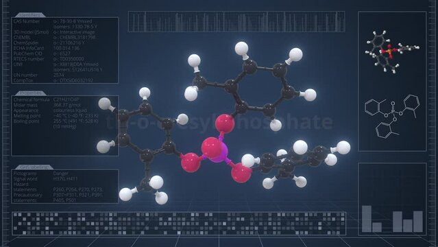 Tri-o-cresyl phosphate molecule with description on the computer screen, loopable 3d animation